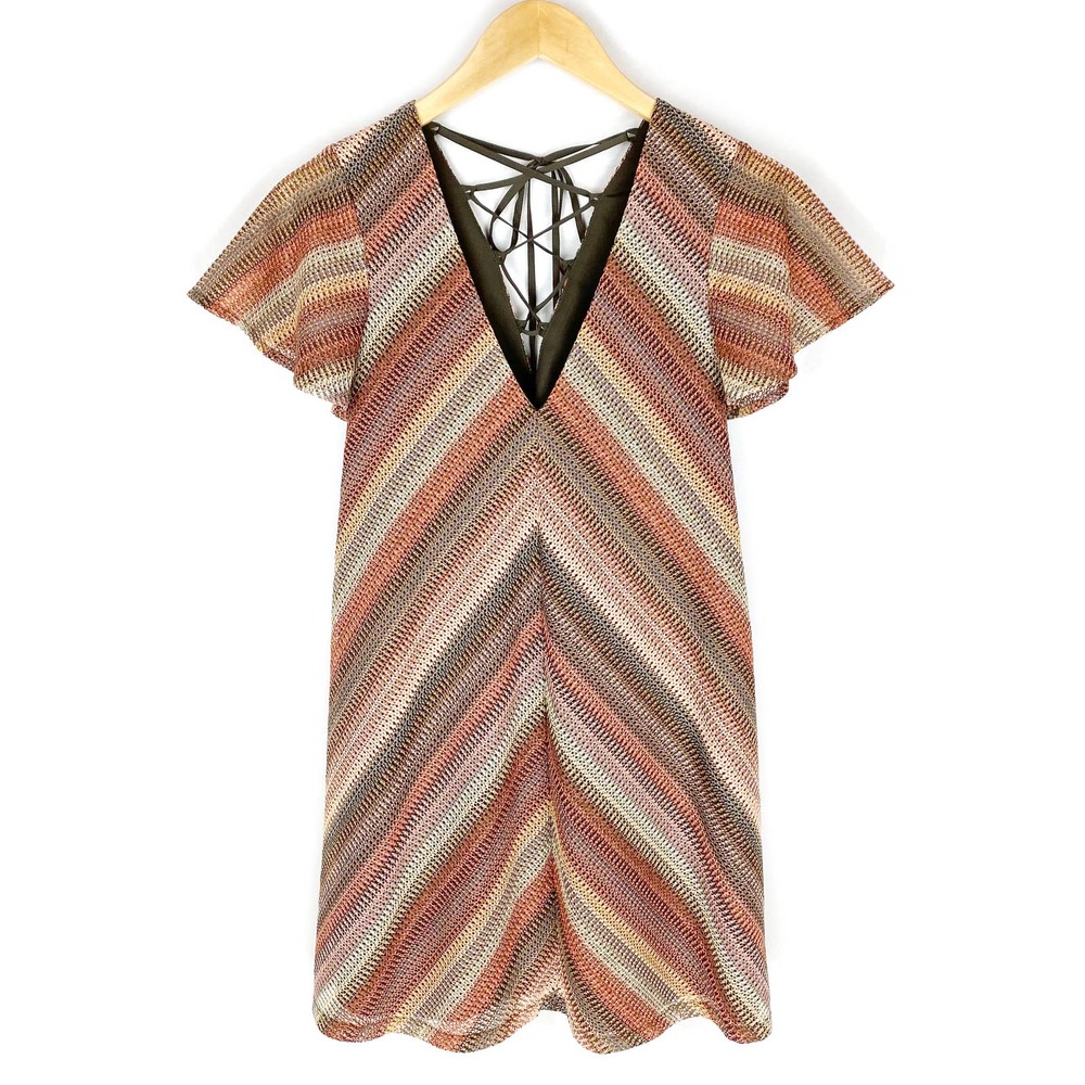 BCBGeneration Mini Dress Pink Blush Striped Chevron Crochet Lace A-Line 70s XXS